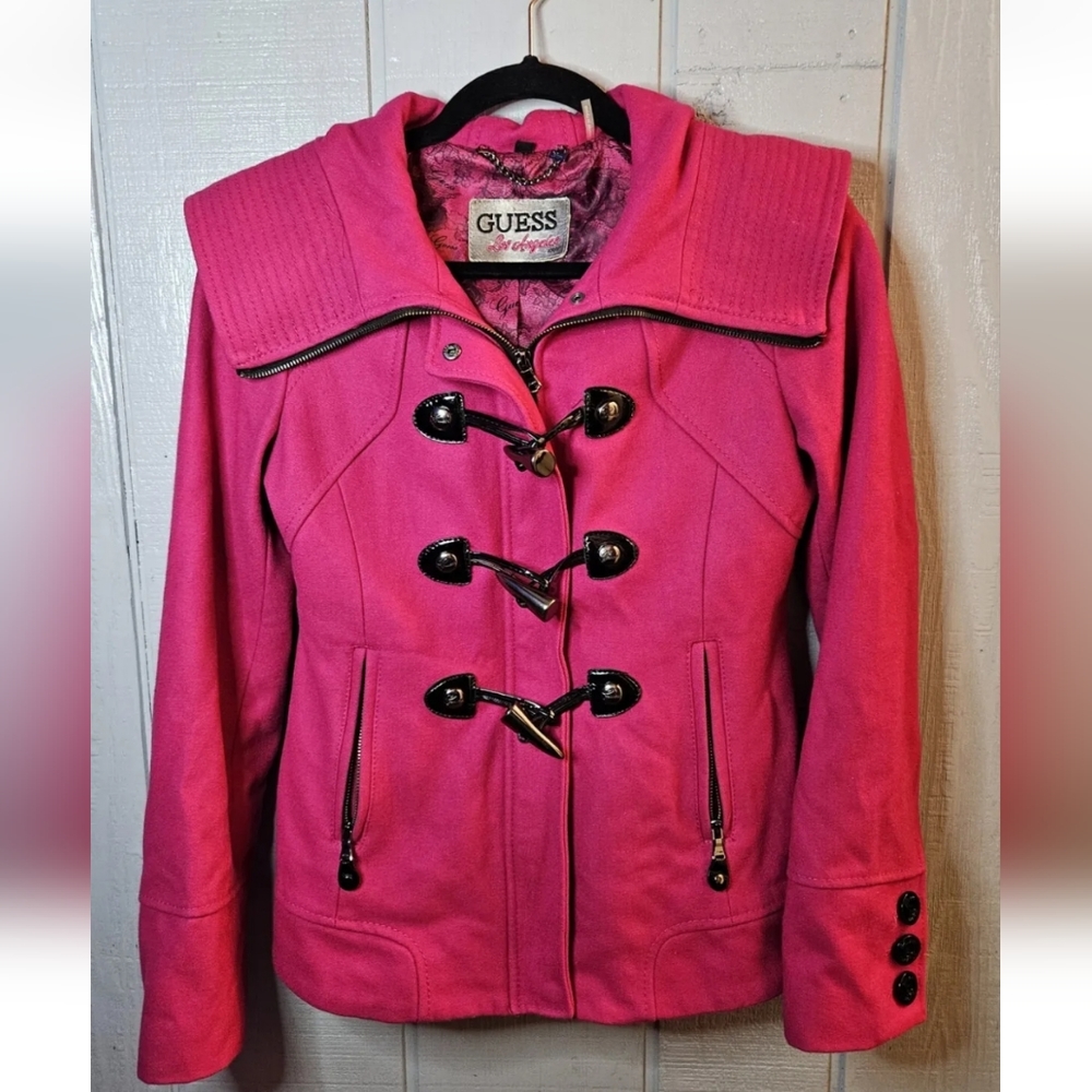 GUESS Fuchsia Wool Blend Hooded Peacoat Size S